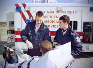Jim Schaferling and Aaron Segal of Texas A&M University EMS practice their skills in 1996. Photo Â© by Bradley Wilson