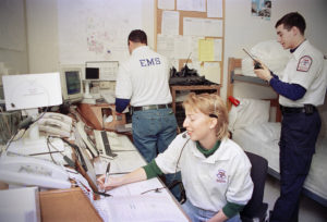 Students with Texas A&M University EMS, in 1996, work in the dispatch area. Photo by Bradley Wilson 718C3A